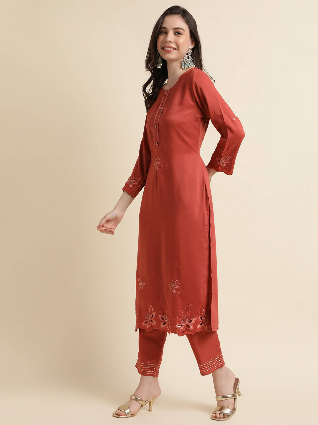 Orange Chinon Silk Embroidered Straight Kurta with Trouser & Dupatta - Salimar | Grocsy