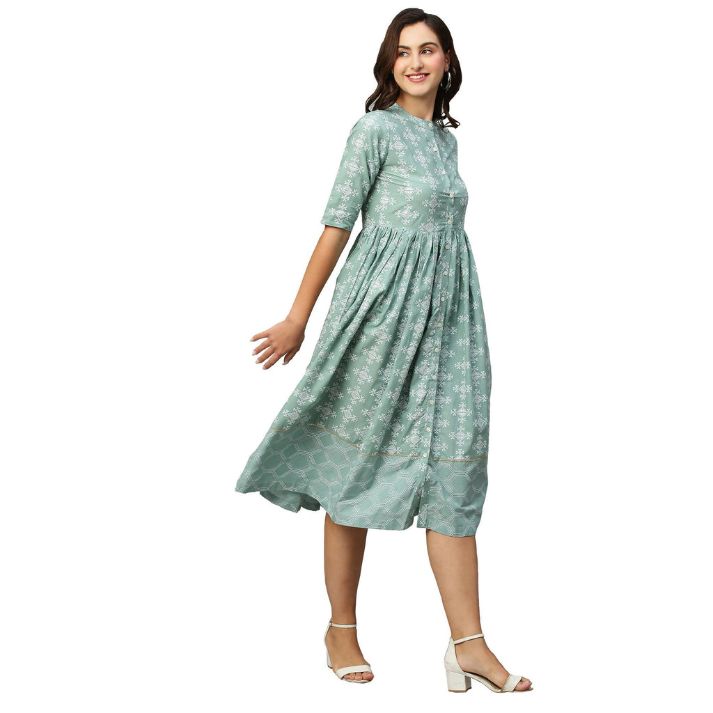 Green & Off-White Ethnic Motifs Printed Cotton A-Line Dress - Poonam | Grocsy