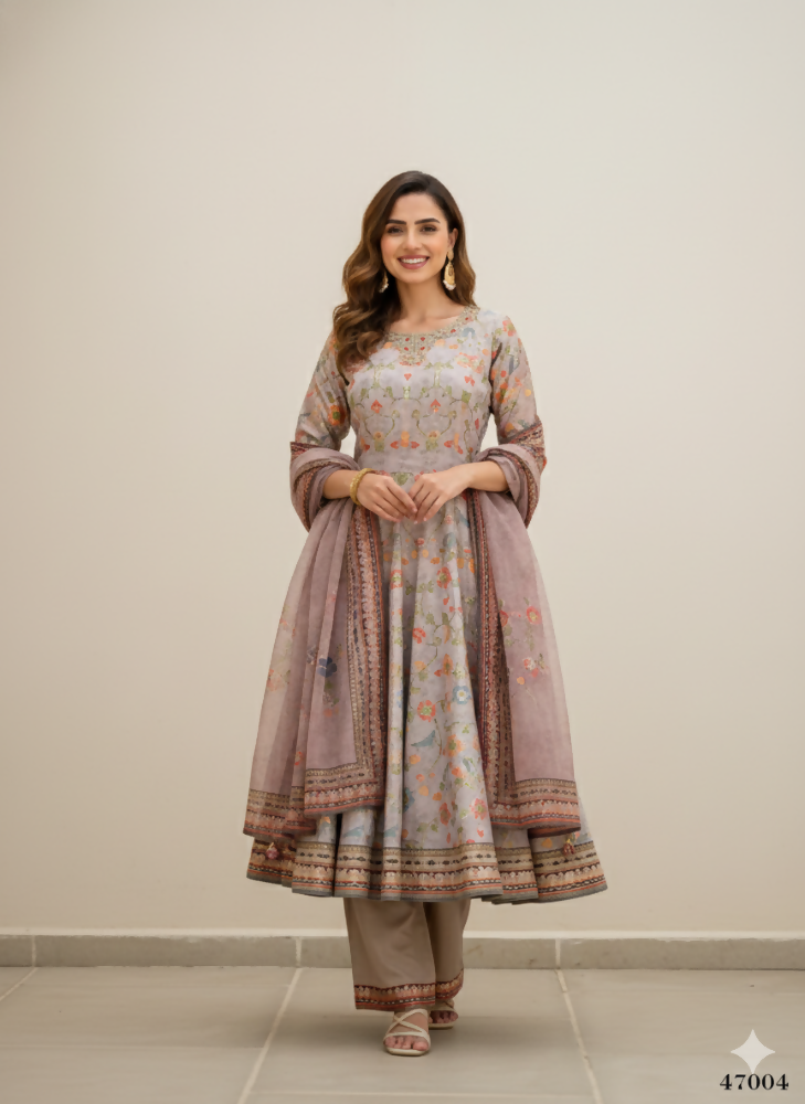 Functional Designer Grey Jam Silk Anarkali suit with Dupatta-Anbazaar | Grocsy