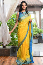 Very Much Indian Pure Cotton Handloom Saree With Intricate Borders - Yellow | Grocsy