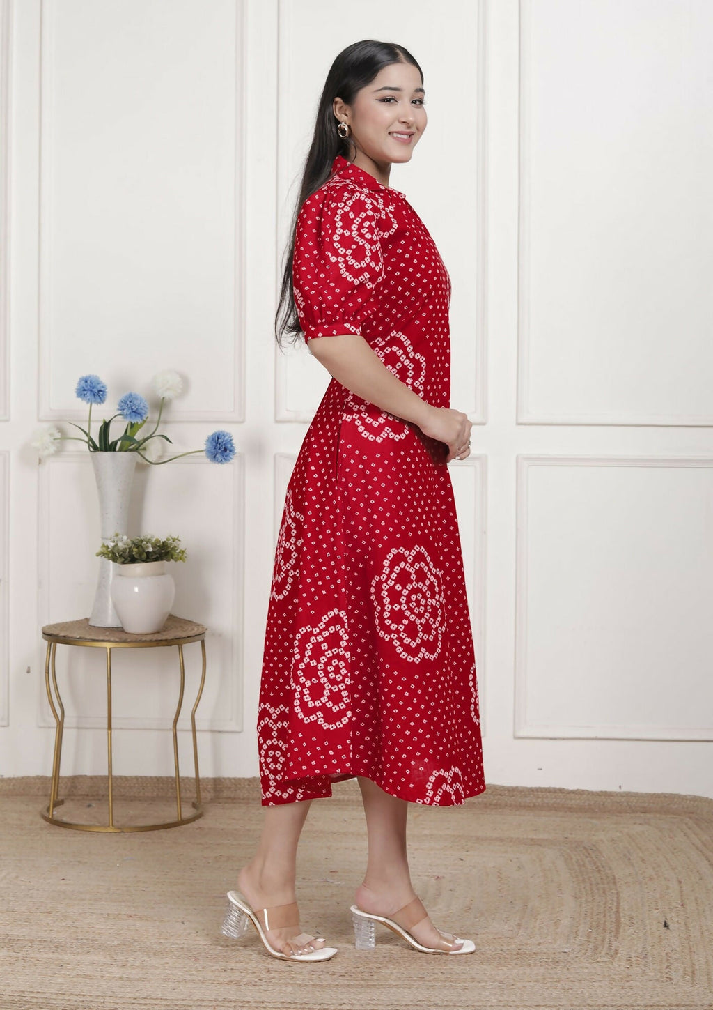 Miravan Womens Red Bandhani Printed Collar Neck Maxi Dress | Grocsy