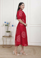 Miravan Womens Red Bandhani Printed Collar Neck Maxi Dress | Grocsy