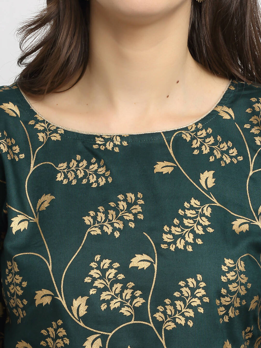 Rudra Bazaar Green Gold Printed Straight Kurta with Gold Printed Skirt & Dupatta | Grocsy