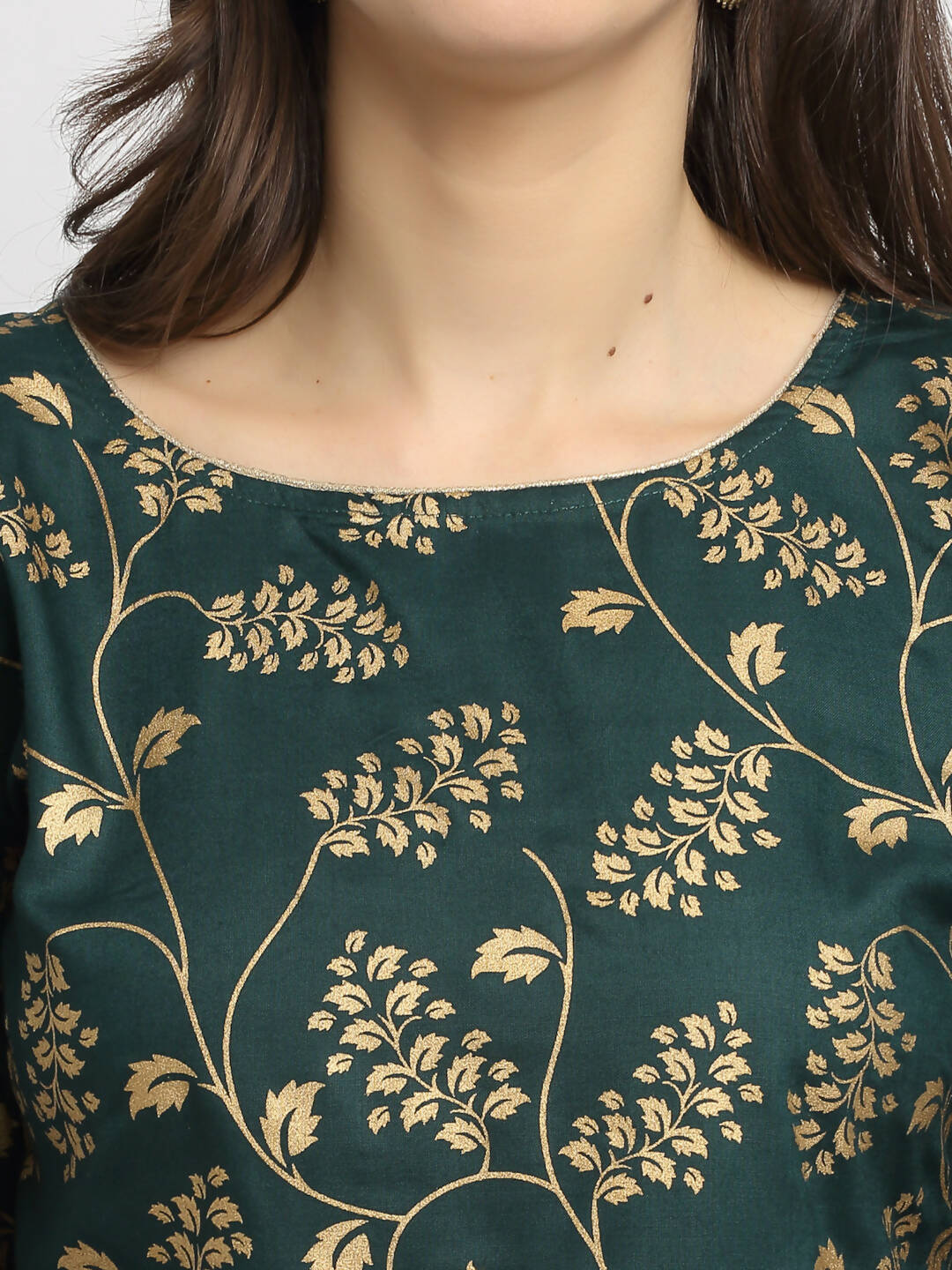 Rudra Bazaar Green Gold Printed Straight Kurta with Gold Printed Skirt & Dupatta | Grocsy