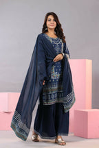 Juniper Women Indigo Cotton Cambric Printed Kurta, Palazzo and Dupatta Set | Grocsy