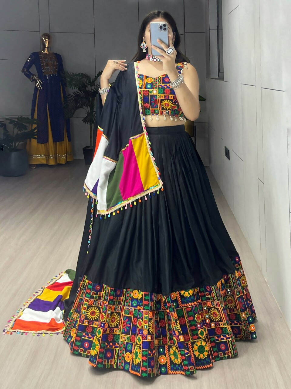 Yash Enterprise Black Rayon Cotton Embroidery Semi Stitched Navratri Chaniya Choli | Grocsy