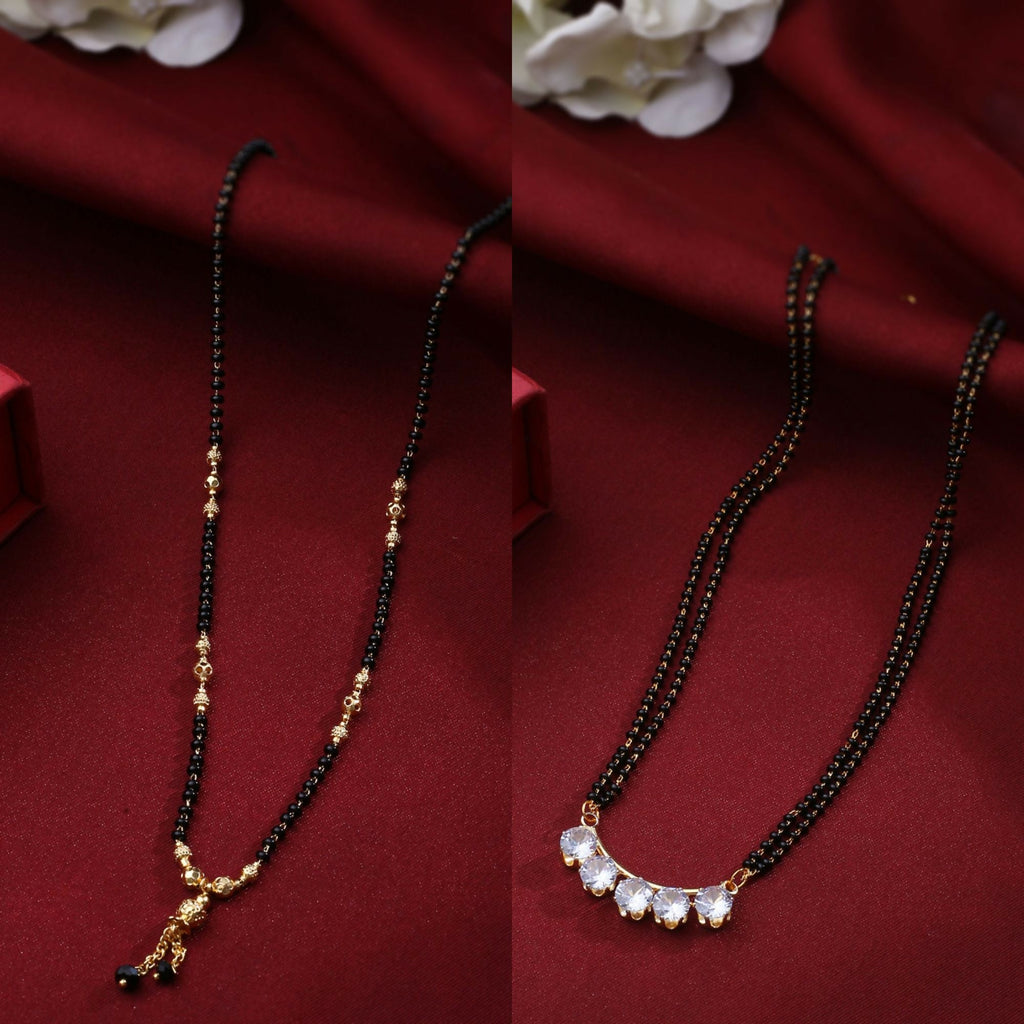 NVR Women's's Set of 2 Black Gold-Polished Beaded Mangalsutra With Ad Stone | Grocsy