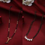 NVR Women's's Set of 2 Black Gold-Polished Beaded Mangalsutra With Ad Stone | Grocsy