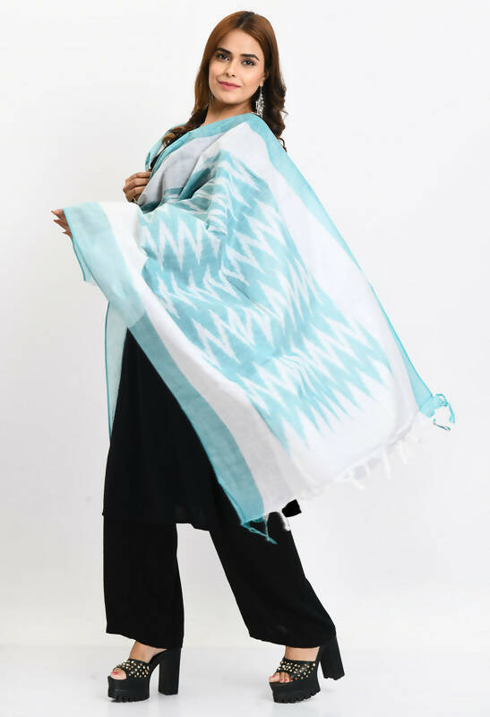 Mominos Fashion Moeza Women's Handloom Cotton Ikkat Sea Green Dupatta | Grocsy