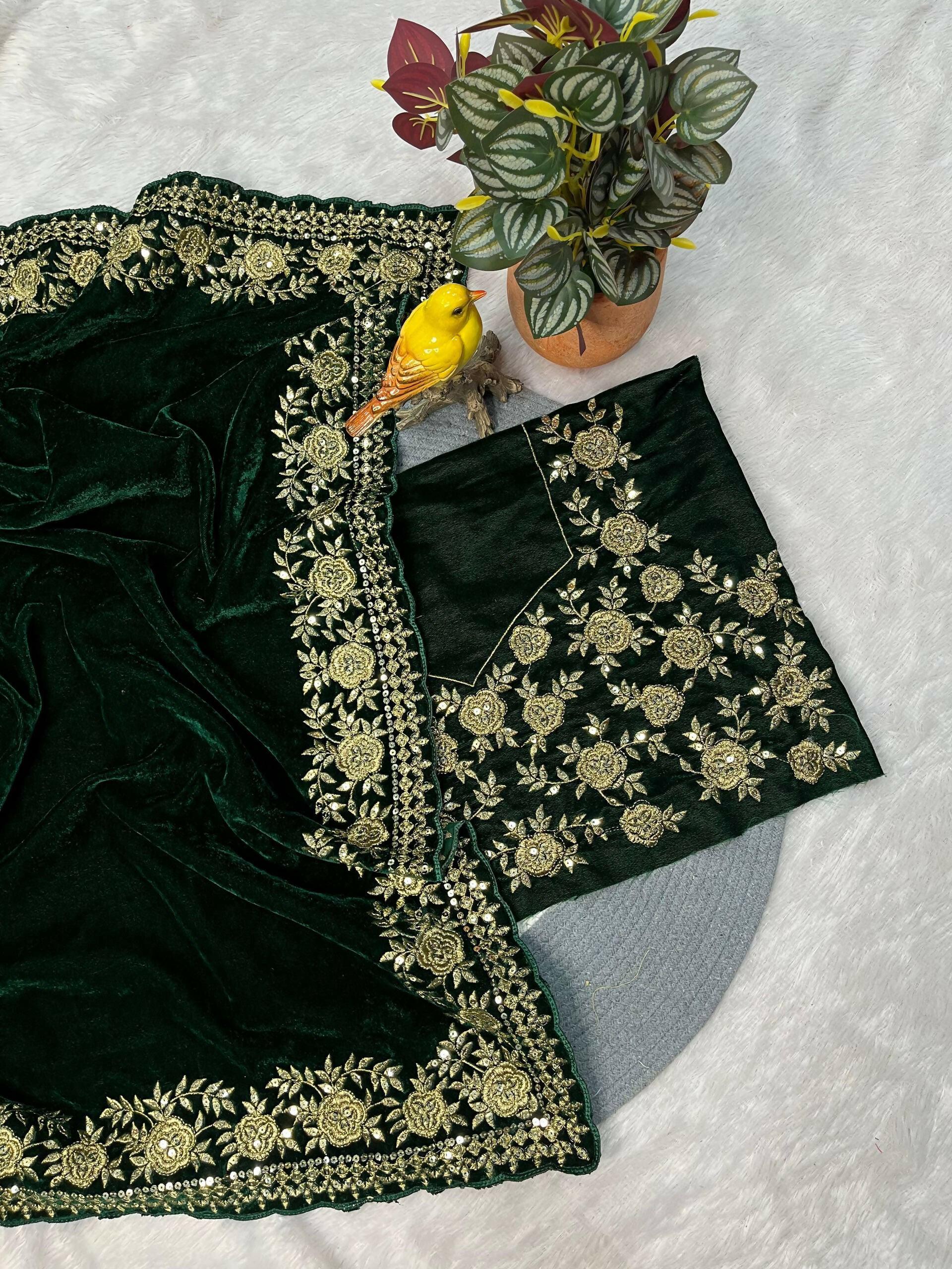 Joban Fashion Green Viscose Velvet Party Wear Sarees | Grocsy
