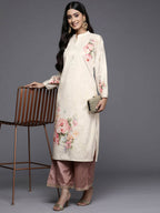 Ahalyaa Women Cream-Coloured & Pink Floral Printed Gotta Patti Floral Velvet Kurta | Grocsy