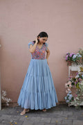 Jyoti Fashion Women's Grey Printed with Sequins Faux Georgette Anarkali Dress | Grocsy
