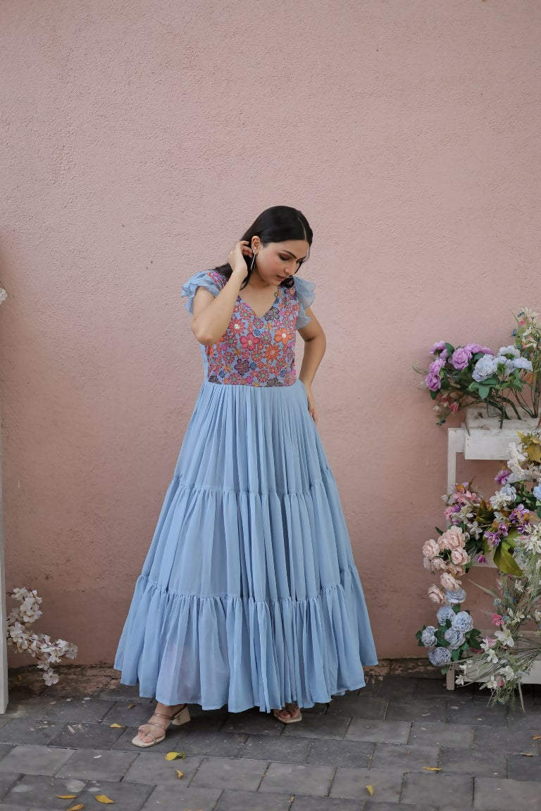 Jyoti Fashion Women's Grey Printed with Sequins Faux Georgette Anarkali Dress | Grocsy