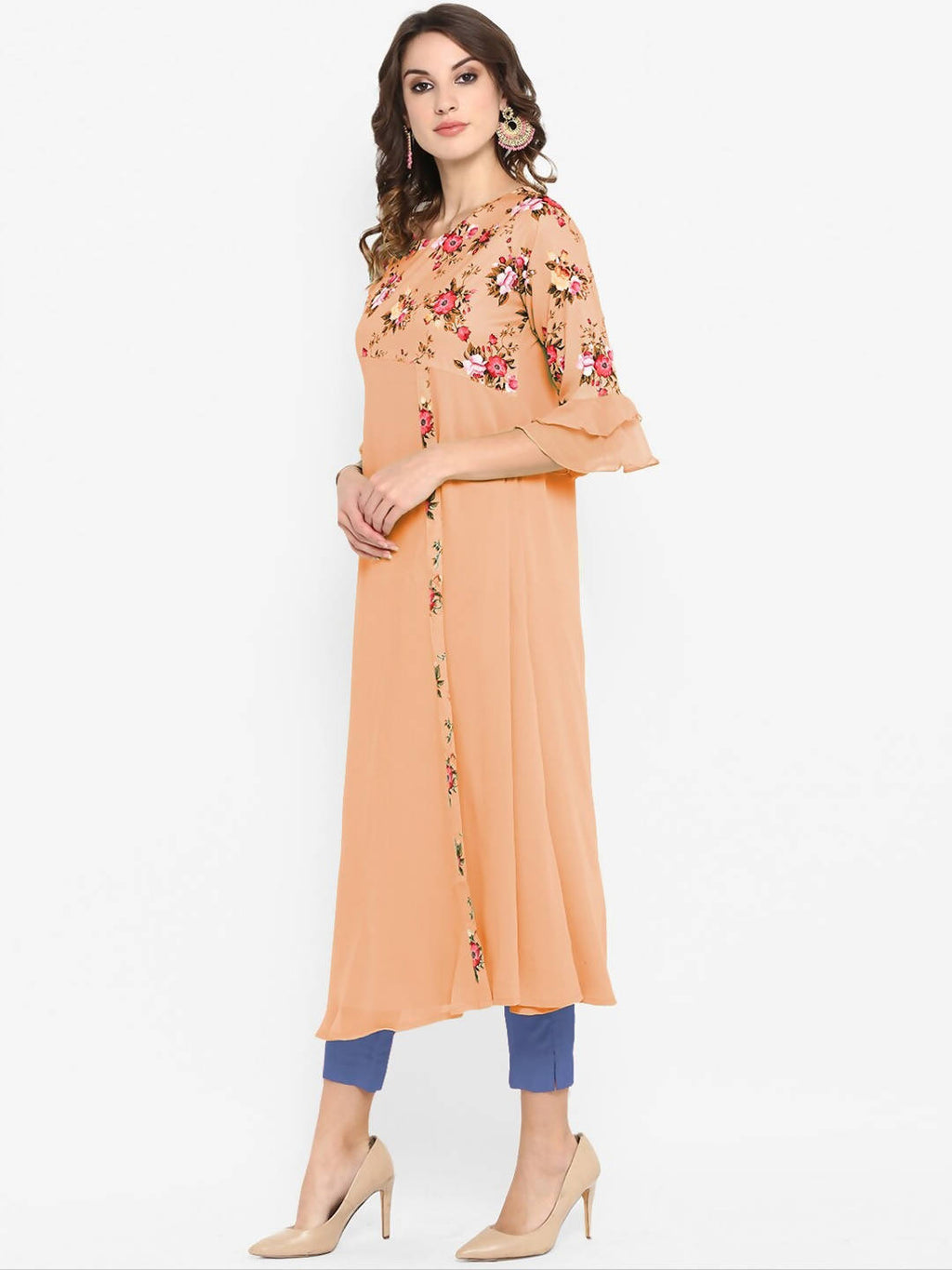 Janasya Women Peach-Coloured & Green Floral Printed Bell Sleeves Kurta | Grocsy