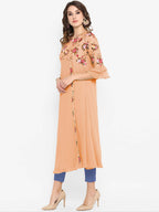 Janasya Women Peach-Coloured & Green Floral Printed Bell Sleeves Kurta | Grocsy