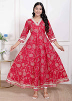 Miravan Women's Red Jaipuri Printed Cotton Ethnic Anarkali Kurta | Grocsy