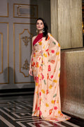Vastranavya Cream Satin Silk Printed Saree with Hotfix Work Unstitched Blouse | Grocsy