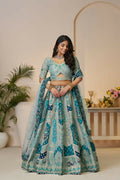 Kesar Fab Sky-Blue Banarasi Silk Embroidered Lehenga | Grocsy