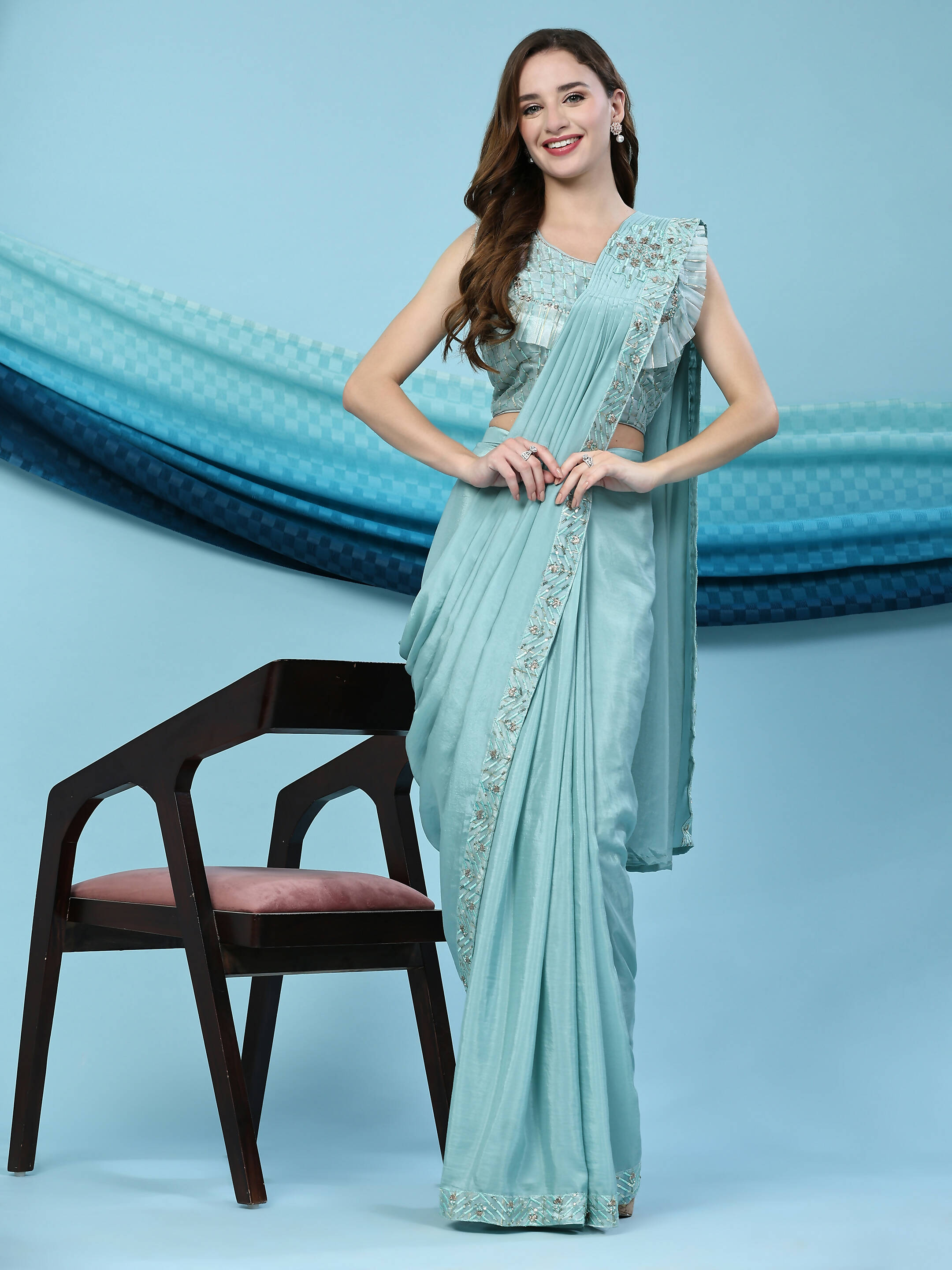 Sky Blue Silk Satin Solid Ready to wear Saree with stitched Blouse - Satiksha | Grocsy