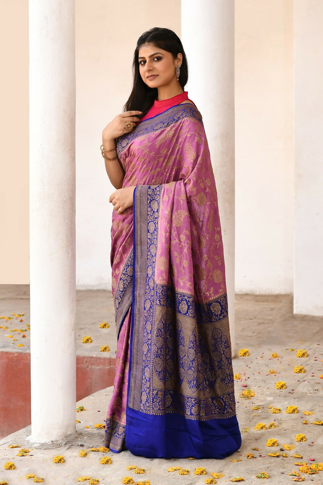 Joban Fashion Nude Pink Crepe Chiffon Pure Handloom Banarasi Silk Saree | Grocsy
