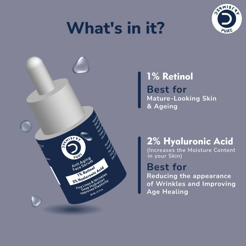 Dermistry Pure 1% Retinol 2% Hyaluronic Acid Anti Aging Moisturizer Face Serum Fine Lines & Wrinkles | Grocsy