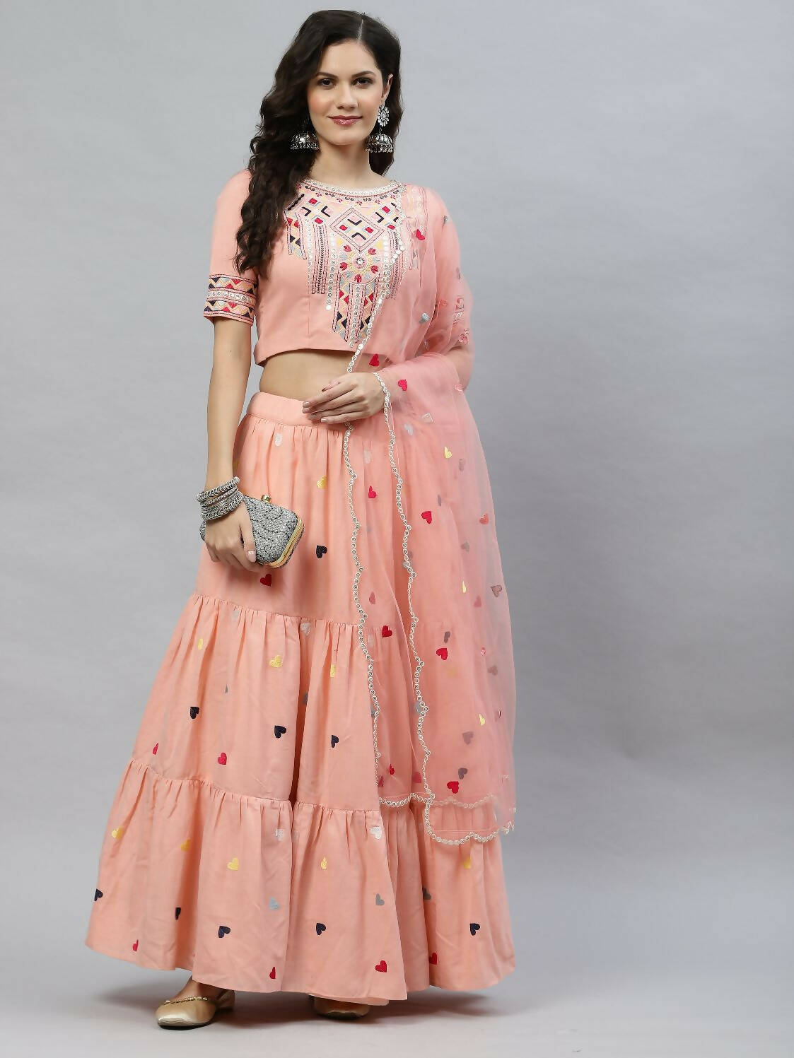 Pink Cotton Embroidered Work Lehenga Choli with Dupatta - Jivika | Grocsy