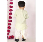 Little Bansi Boys Green and Cream Color Golden Striped Kurta and Dhoti | Grocsy