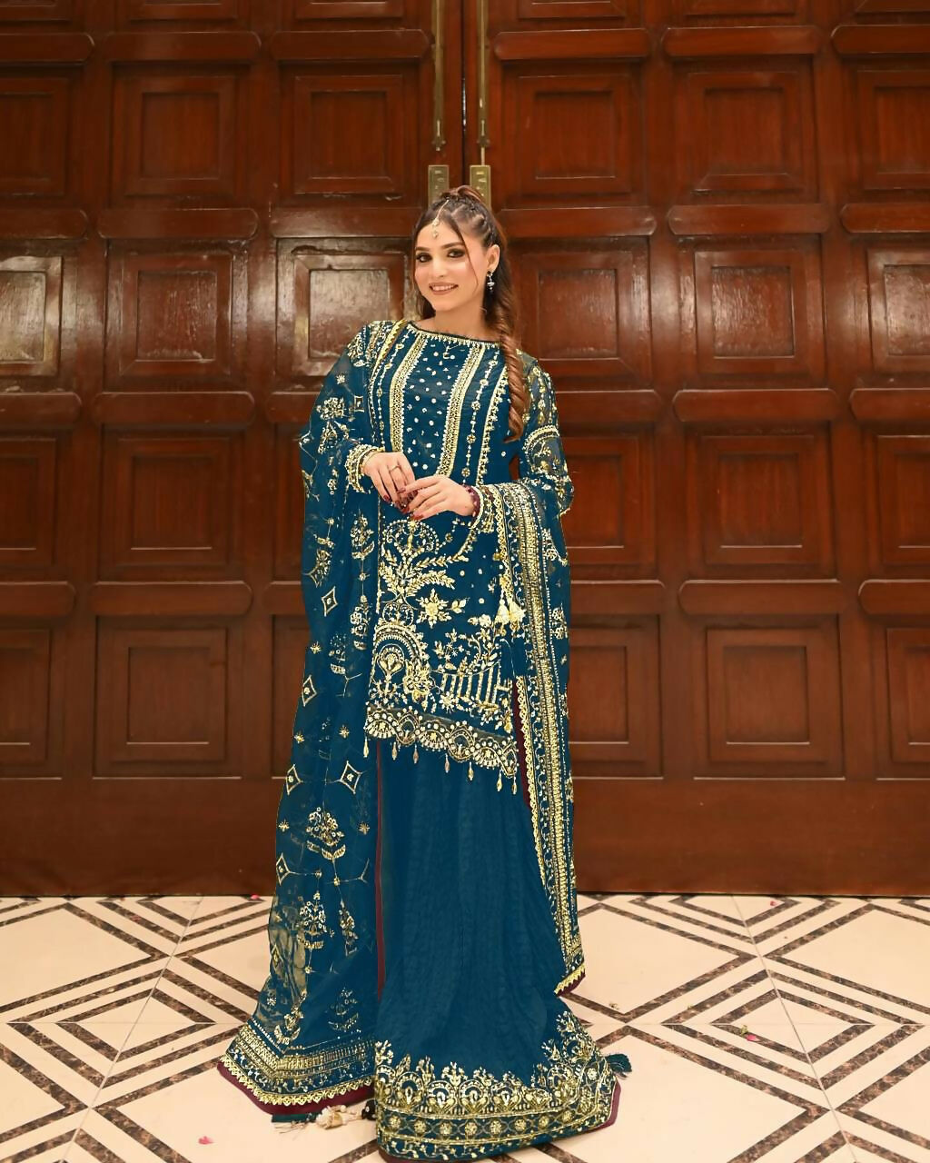 Teeya Creation Teal Faux georgette Designer heavy work Wedding Wear Palazzo pair | Grocsy