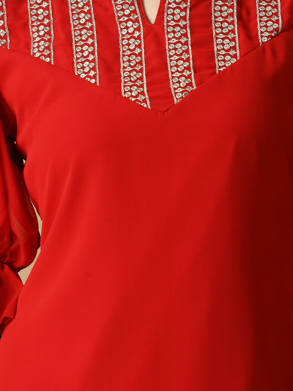 Myshka Women's Red Georgette Kurta & Trousers With Dupatta Party Sets | Grocsy