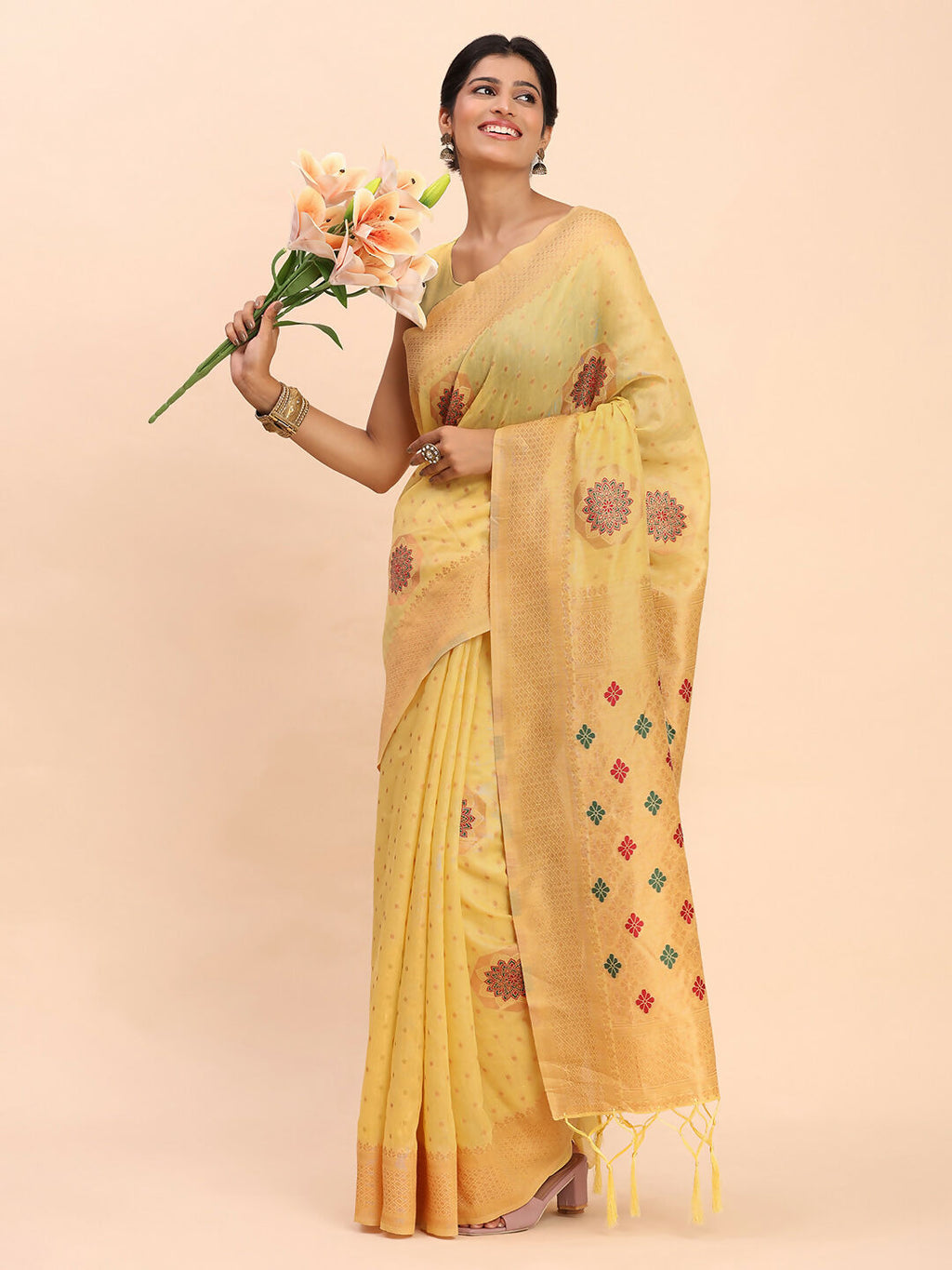 Shree Shyam Fashion Linen Cotton Yellow Saree | Grocsy