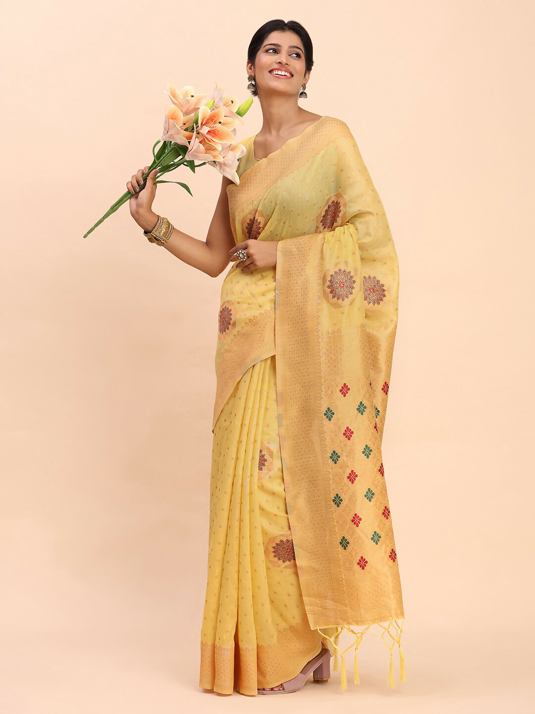 Shree Shyam Fashion Linen Cotton Yellow Saree | Grocsy