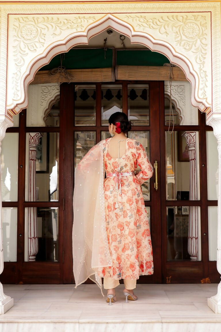 Vaasva Women Cream Organza Floral Print & Embroidered Anarkali Kurta, Pant & Dupatta set | Grocsy