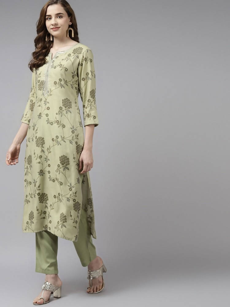 Yufta Women Olive Green Floral Printed Sequined Pure Silk Kurta with Palazzo and Dupatta | Grocsy