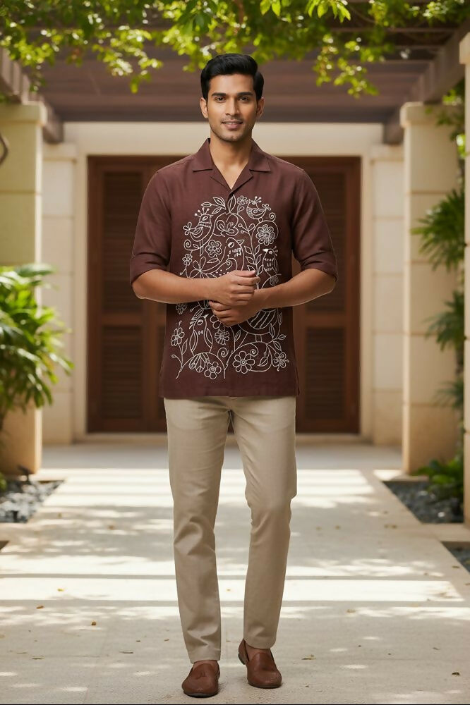 Botan — Brown Embroidered Cotton Shirt by Hilo Design | Grocsy