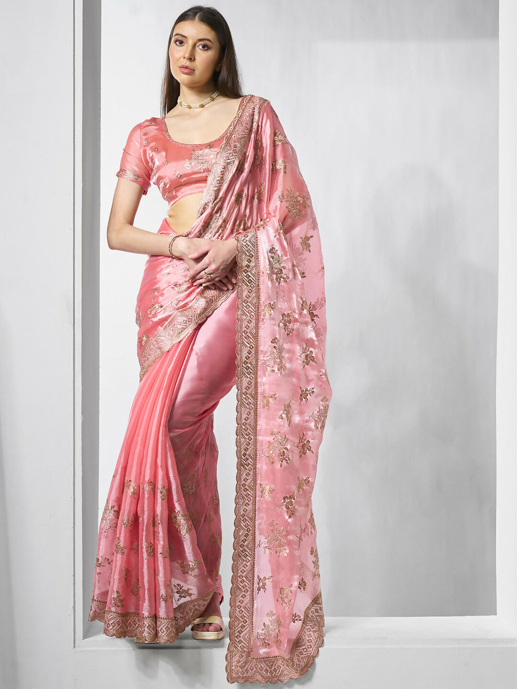 Coral Burburry silk Designer Embroidery Work Saree - Shezlin | Grocsy