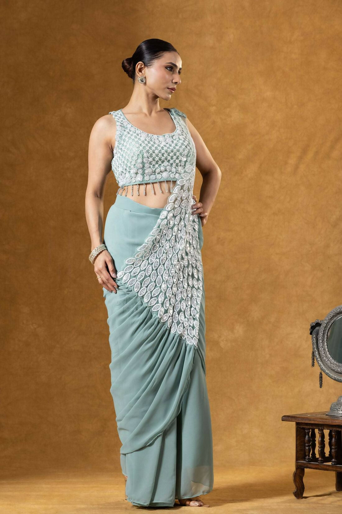Teeya Creation Teal Color Faux Georgette Embroidery Work Party Wear Ready To Wear Saree | Grocsy