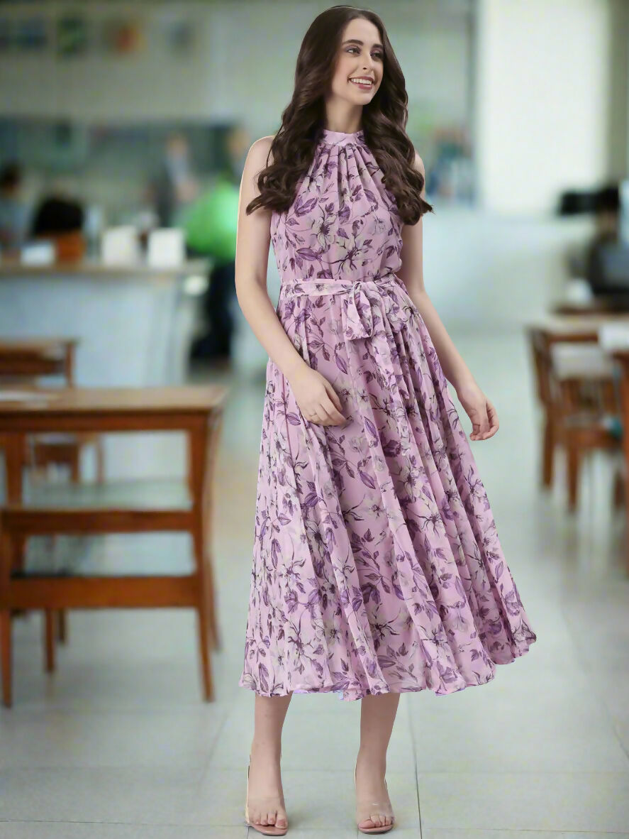 Souchii Lavender Floral Chiffon Dress -Souchii | Grocsy