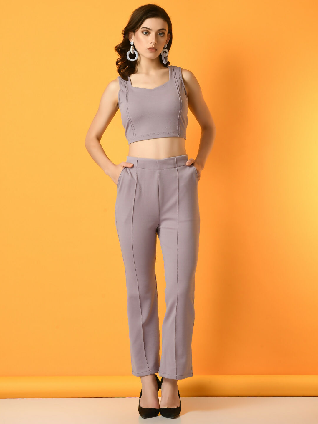 Myshka Women's Lavender Solid Top With Trousers | Grocsy