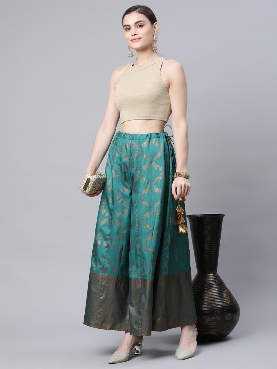 Ahalyaa Womens Green Poly Silk Gold Foil Print Free Size Palazzo | Grocsy