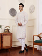 Off White Viscose Chikankari Embroidery Work Men's Rajwadi Kurta Set - Mahotsav | Grocsy
