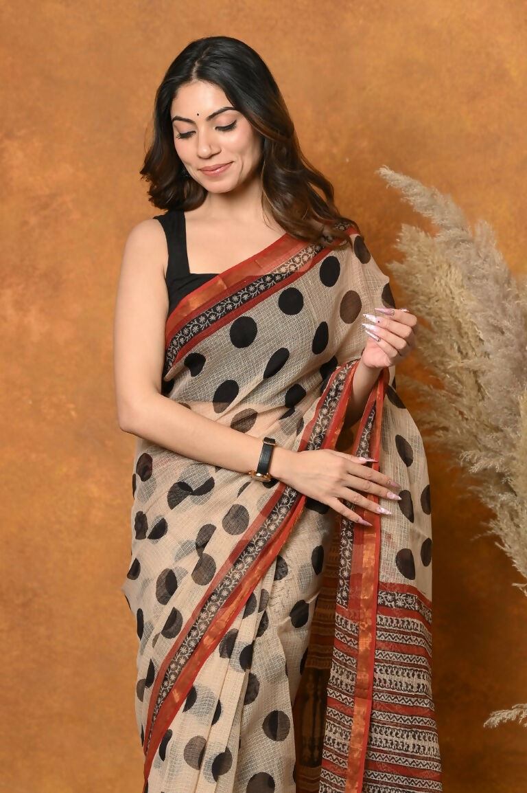 Very Much Indian Handblock Printed Cotton Saree With Natural Dyes - White | Grocsy