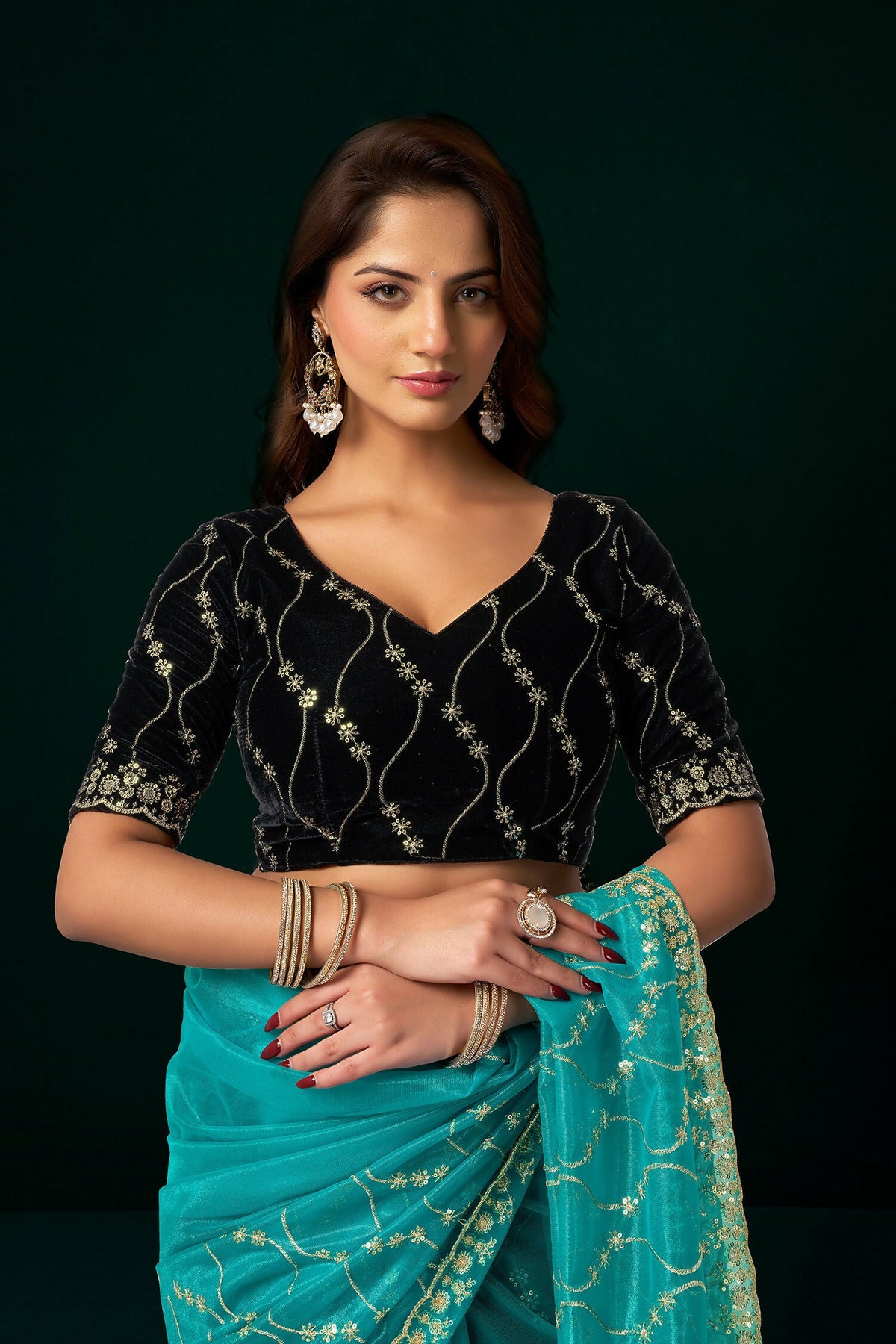 Joban Fashion Turquoise Net Party Wear Sarees | Grocsy