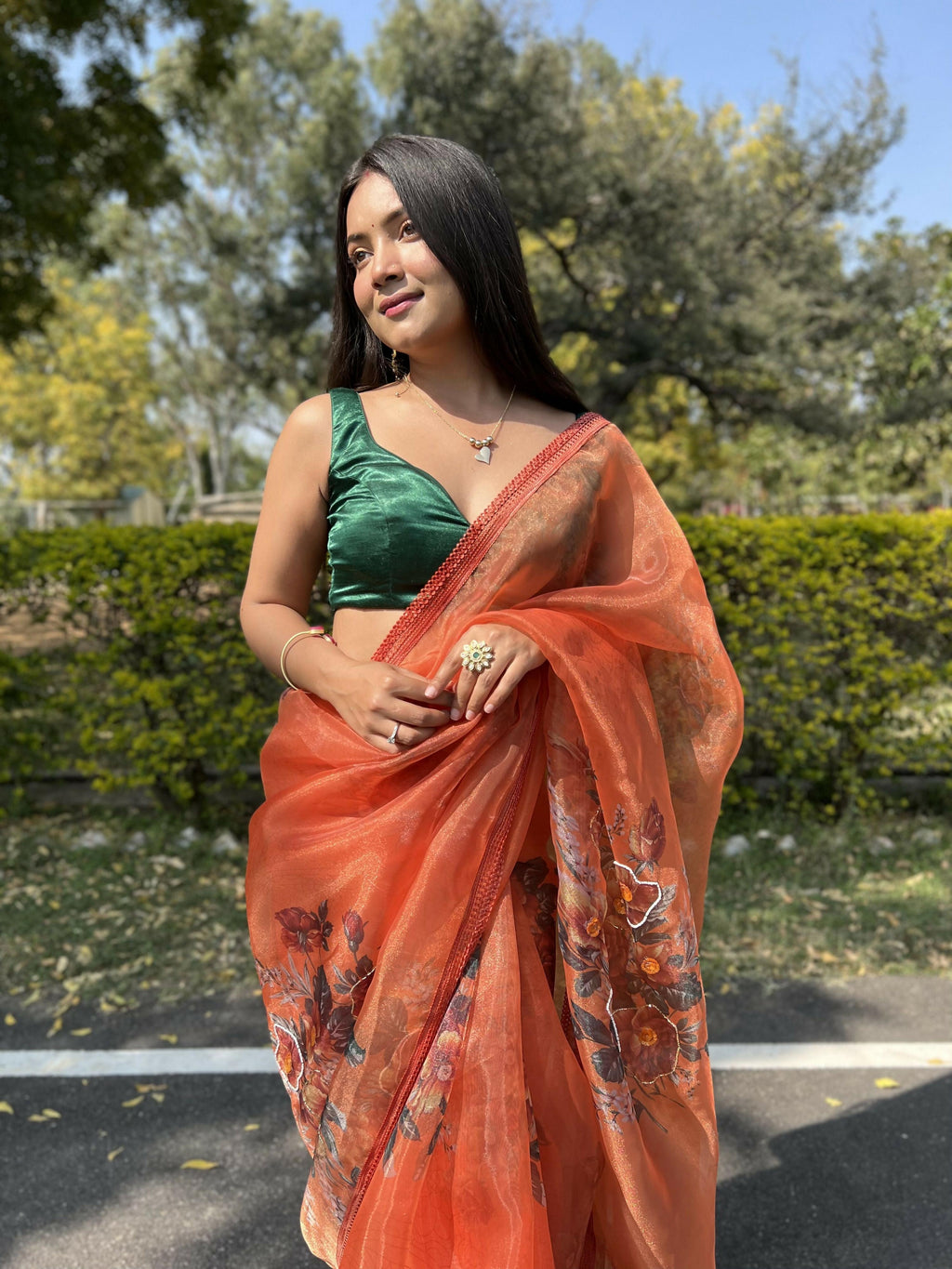 Vamsee Firozi Orange Organza Saree | Grocsy