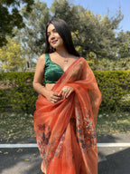 Vamsee Firozi Orange Organza Saree | Grocsy