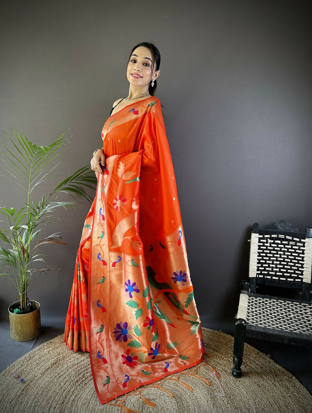 Joban Fashion Orange Zari Woven Floral Motifs Soft Silk Paithani Silk Saree | Grocsy