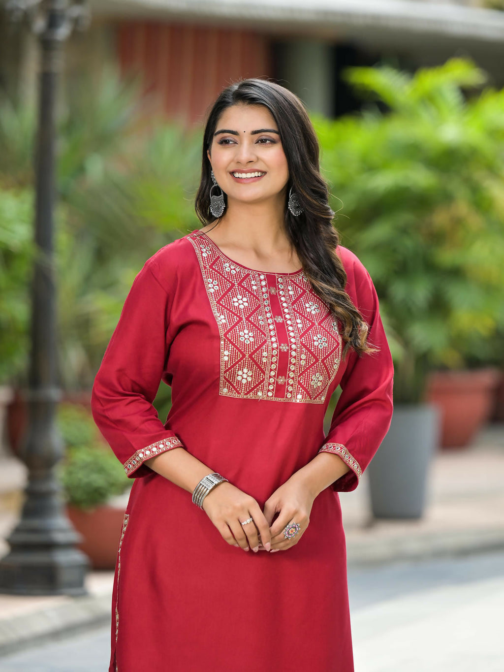 Juniper Women's Maroon Solid Rayon Kurti With Mirror Work & Sequins | Grocsy