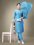 Jyoti Fashion Women's Sky Blue Cotton Blend Embroidery & Sequence work Kurta with Trouser & Dupatta | Grocsy