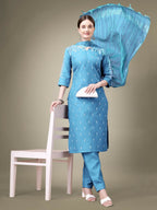 Jyoti Fashion Women's Sky Blue Cotton Blend Embroidery & Sequence work Kurta with Trouser & Dupatta | Grocsy