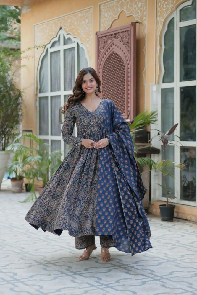 Vastranavya Navy Blue Pure Cotton Printed Top with Pant & Dupatta Set | Grocsy