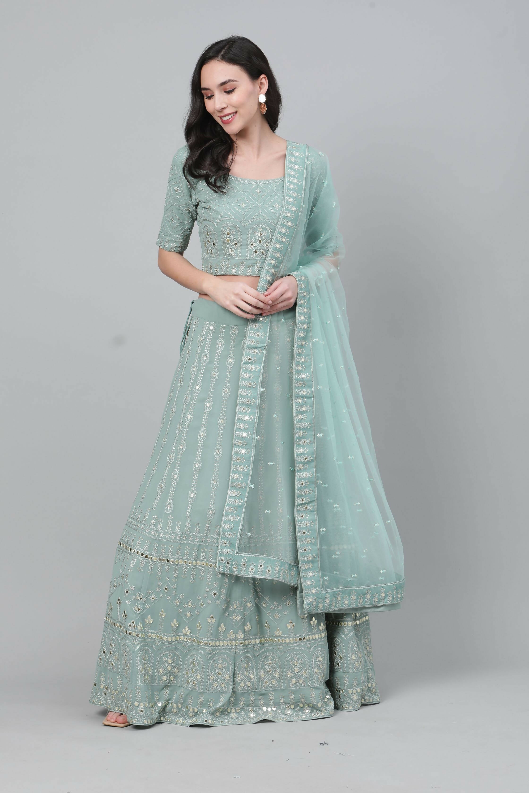 Dusty Green Georgette Sequins Embroidery with Mirror work Lehenga Choli with Dupatta - Jivika | Grocsy